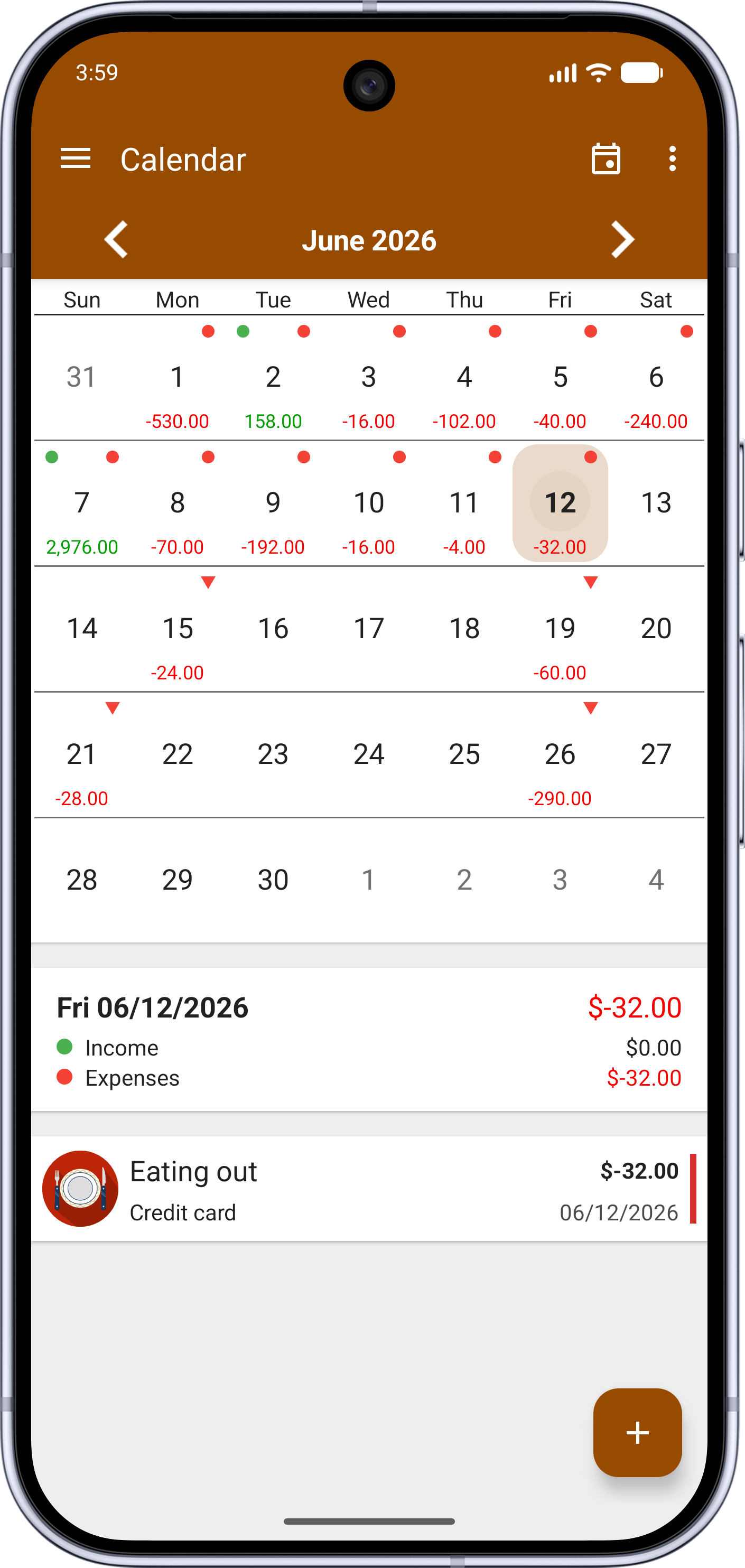 Fast Budget calendar with the daily income and expenses