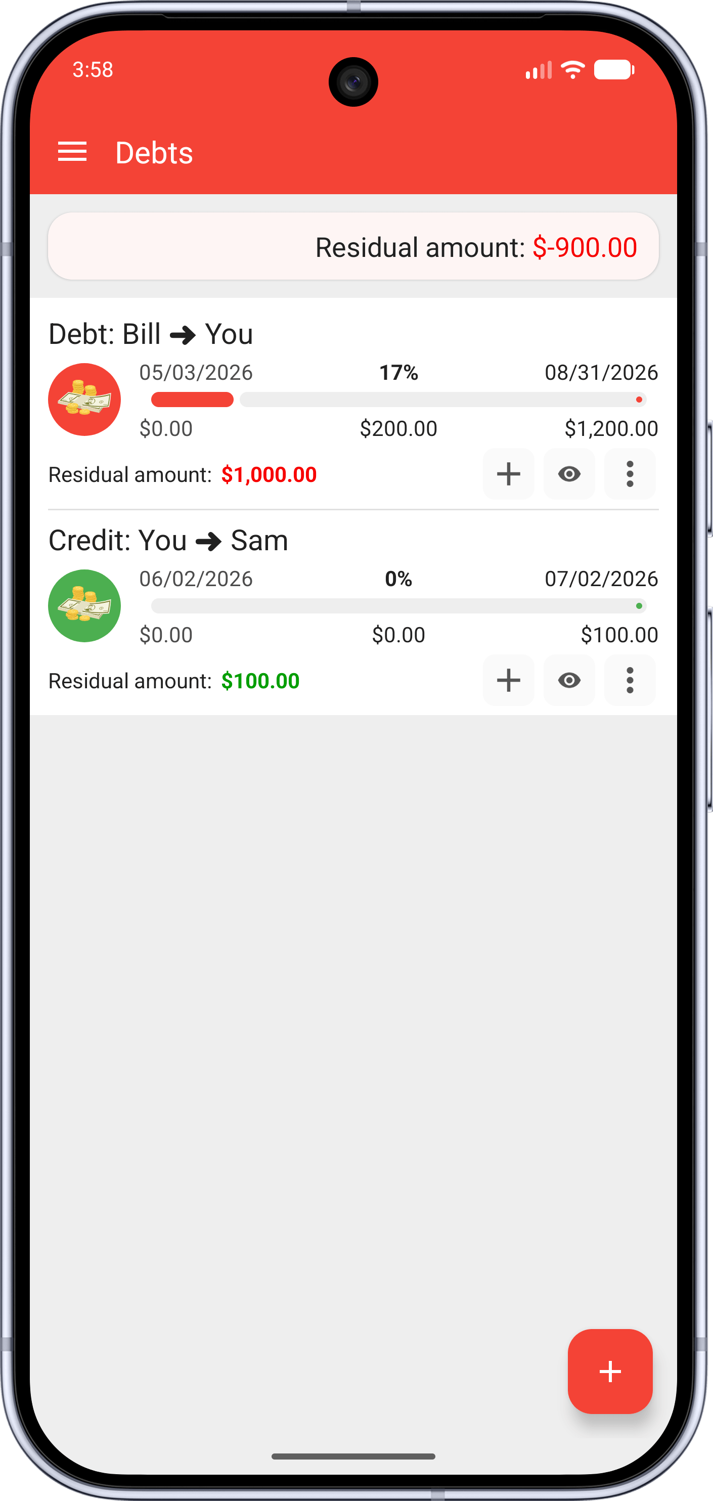 Fast Budget debts and credits page