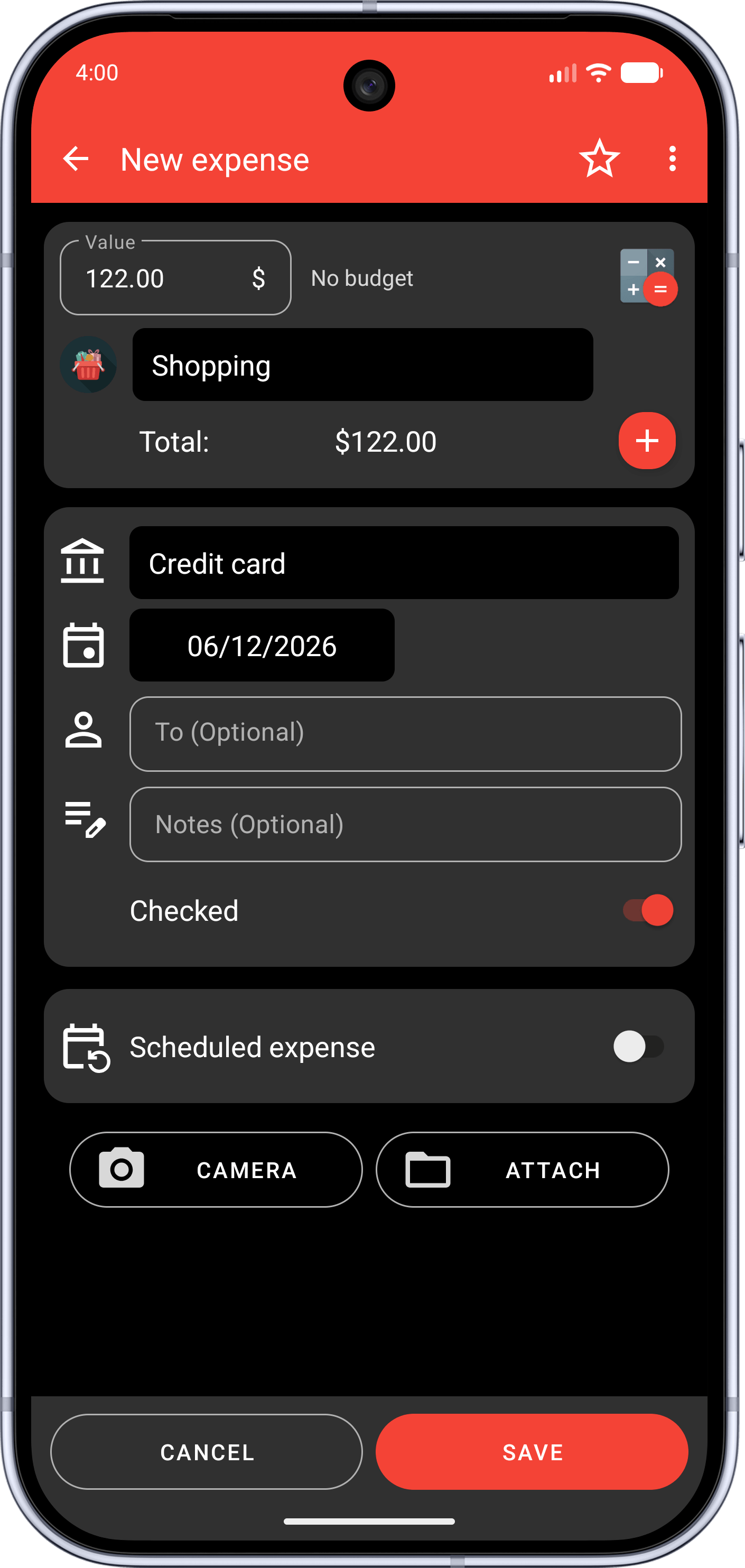 Fast Budget new transaction screen in dark mode