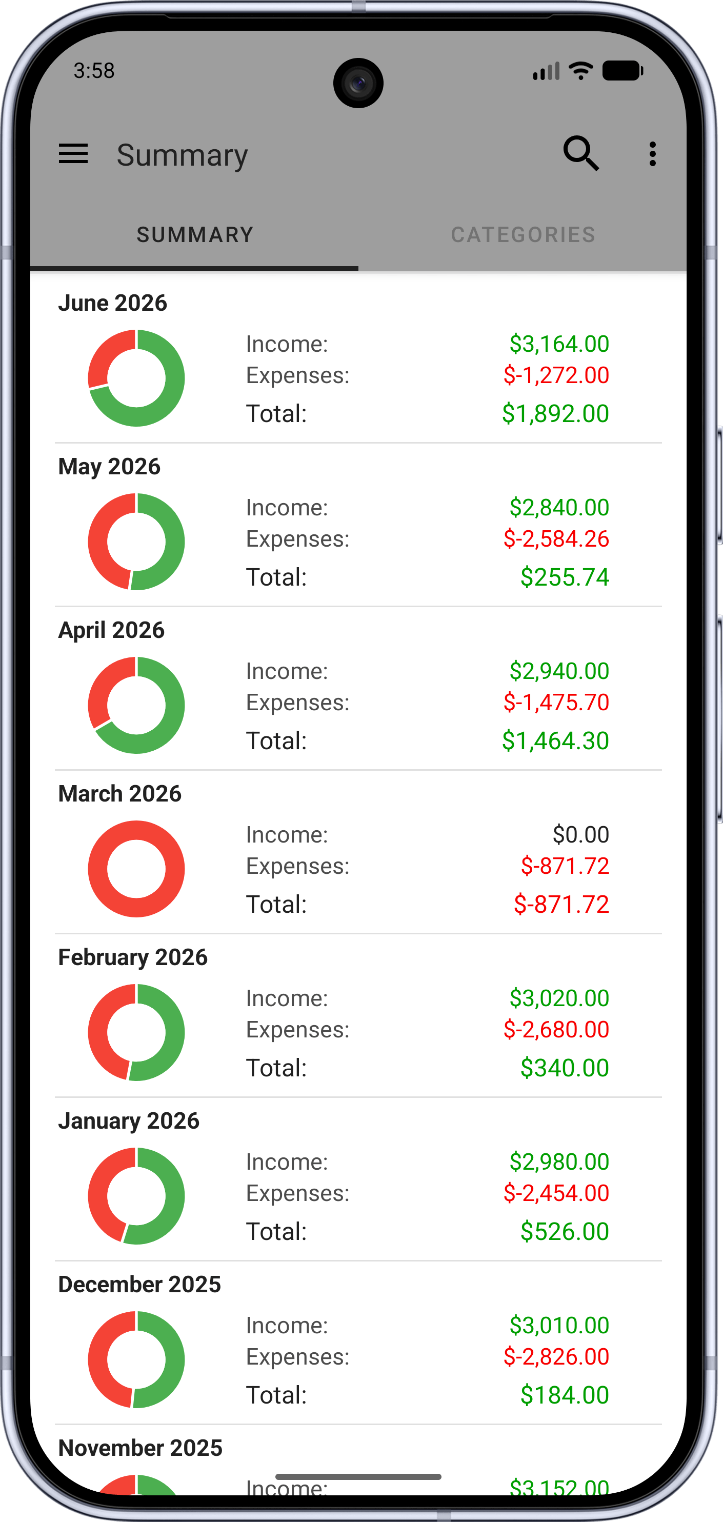 Fast Budget monthly summary of income and expenses